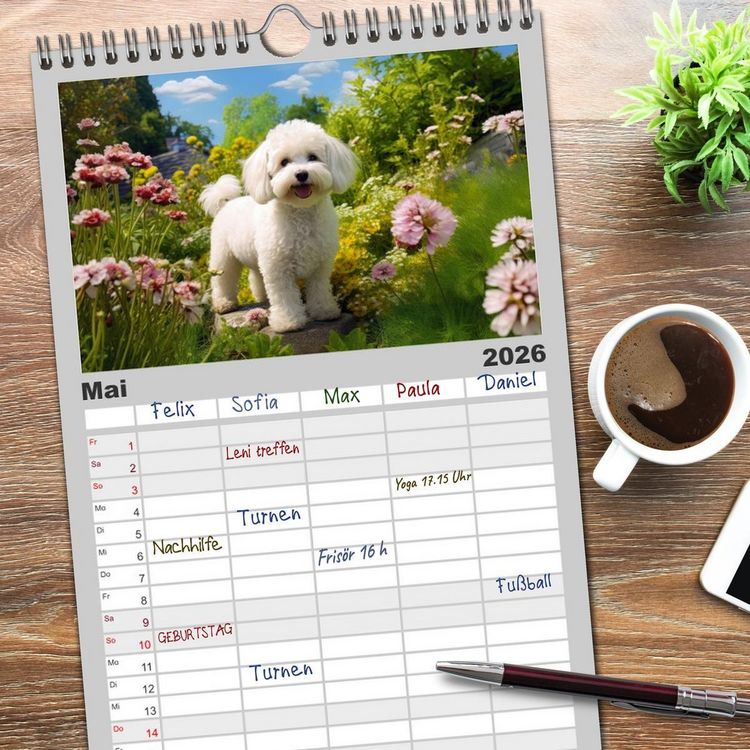 Produktbild: Familienplaner 2026 - Bichon fris&eacute;, wei&szlig;e H&uuml;ndchen mit lockigem Haar mit 5 Spalten (Wandkalender, 21 x 45 cm) CALVENDO