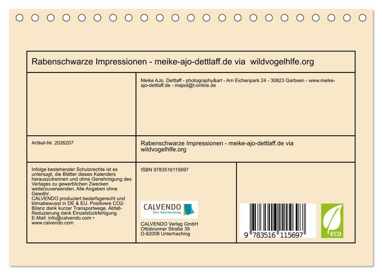 Produktbild: Rabenschwarze Impressionen - meike-ajo-dettlaff.de via wildvogelhlfe.org (Tischkalender 2026 DIN A5 quer), CALVENDO Monatskalender