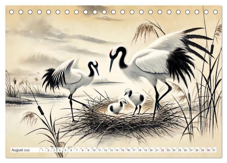 Produktbild: Eleganz der Kraniche - Majest&auml;tische V&ouml;gel in poetischer Tusche (Tischkalender 2026 DIN A5 quer), CALVENDO Monatskalender