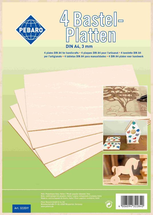 Produktbild: PEBARO 322DIY - 4 Sperrholzplatten DIN A 4 f&uuml;r Bastelarbeiten, Pappel 3 mm