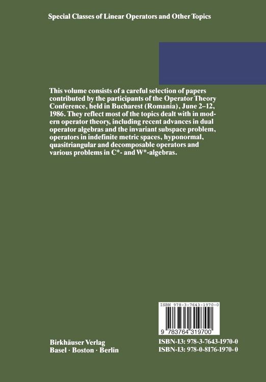 Produktbild: Special Classes of Linear Operators and Other Topics