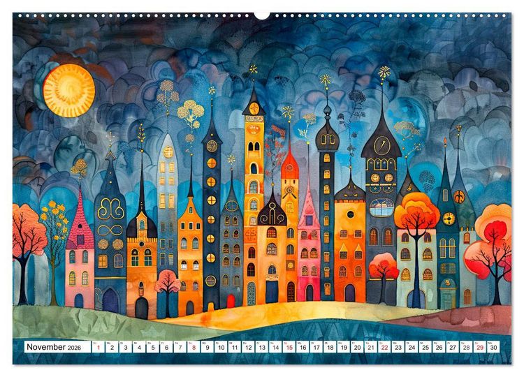 Produktbild: Stadt - Eine farbenfrohe Skyline (hochwertiger Premium Wandkalender 2026 DIN A2 quer), Kunstdruck in Hochglanz