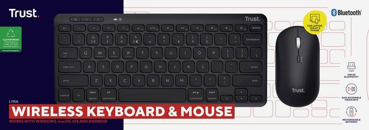 Produktbild: Trust Lyra WL Bluetooth&reg;, Funk Tastatur, Maus-Set Wiederaufladbar, Ger&auml;uscharme Tasten, Spritzwassergesch&uuml;tzt, Multimediatasten