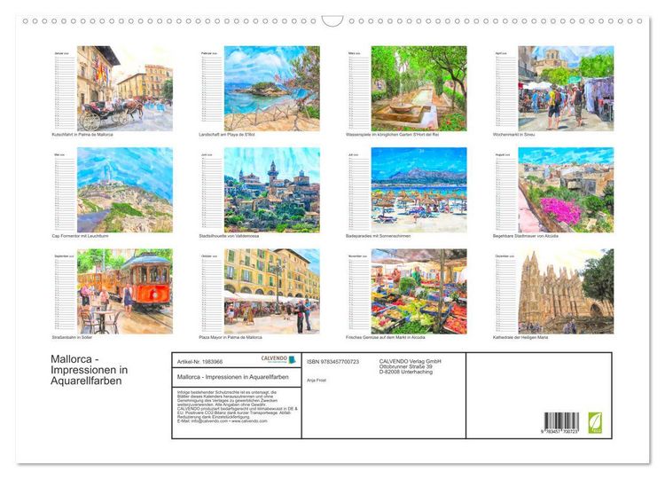 Produktbild: Mallorca - Impressionen in Aquarellfarben (Wandkalender 2026 DIN A2 quer), CALVENDO Monatskalender