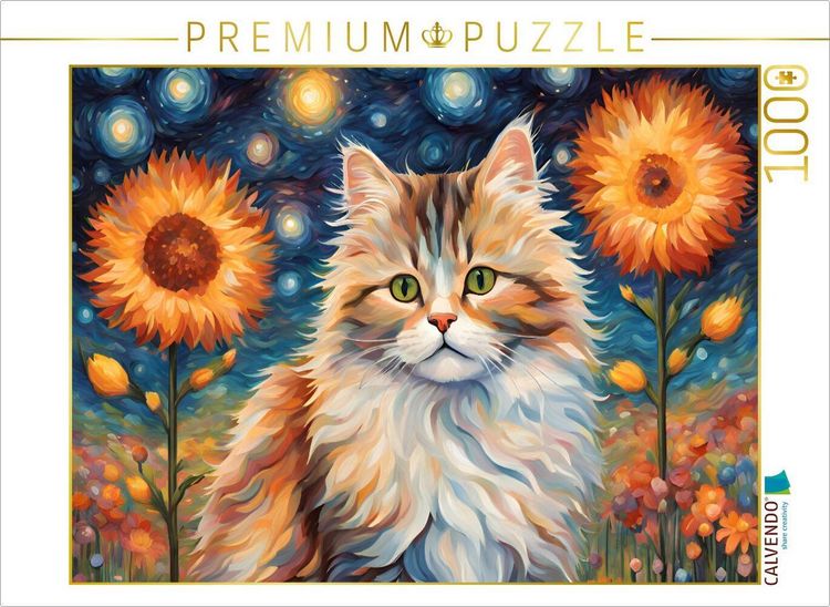 Produktbild: CALVENDO Puzzle Katze gemalt nach van Gogh mit Blumen | 1000 Teile Lege-Gr&ouml;&szlig;e 64x48cm Foto-Puzzle f&uuml;r gl&uuml;ckliche Stunden