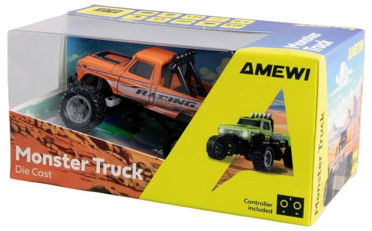 Produktbild: Amewi Orange Brushed 1:64 RC Modellauto Elektro Monstertruck Heckantrieb (2WD) RtR 2,4 GHz mit Lichteffekt, inkl. Akku und Ladekabel