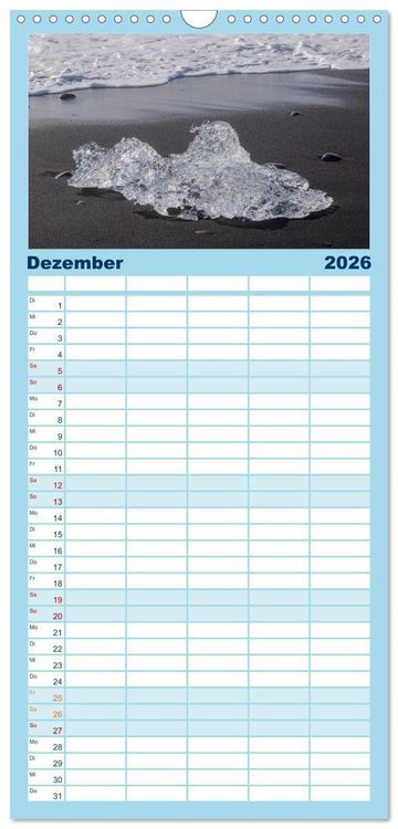 Produktbild: Familienplaner 2026 - Island - Gletscher, Wasserf&auml;lle, Hei&szlig;e Quellen mit 5 Spalten (Wandkalender, 21 x 45 cm) CALVENDO