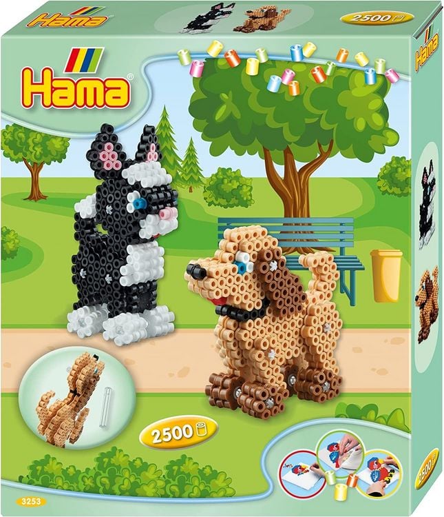 Produktbild: Hama 3253 - Geschenkpackung 3D Hund und Katze, ca. 2500 Midi-Bügelperlen, Stiftplatte und Zubehör