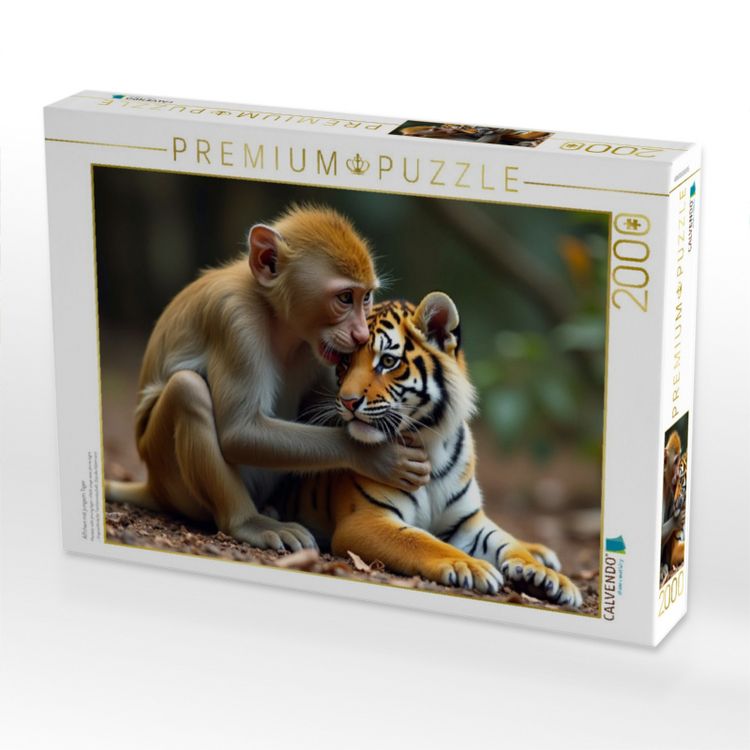 Produktbild: CALVENDO Puzzle &Auml;ffchen mit jungem Tiger | 2000 Teile Lege-Gr&ouml;&szlig;e 90x67cm Foto-Puzzle f&uuml;r gl&uuml;ckliche Stunden