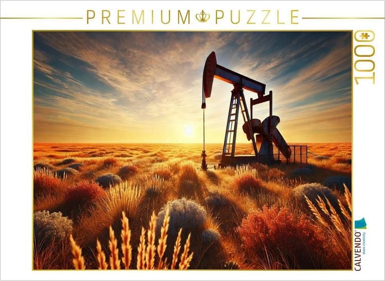 Produktbild: CALVENDO Puzzle Pumpjack im Abendgold - Das Herz der Pr&auml;rie. Wo Feuer, Stahl und Sonne um die Wette gl&uuml;hen. | 1000 Teile Lege-Gr&ouml;&szlig;e 64x48cm Foto-Puzzl