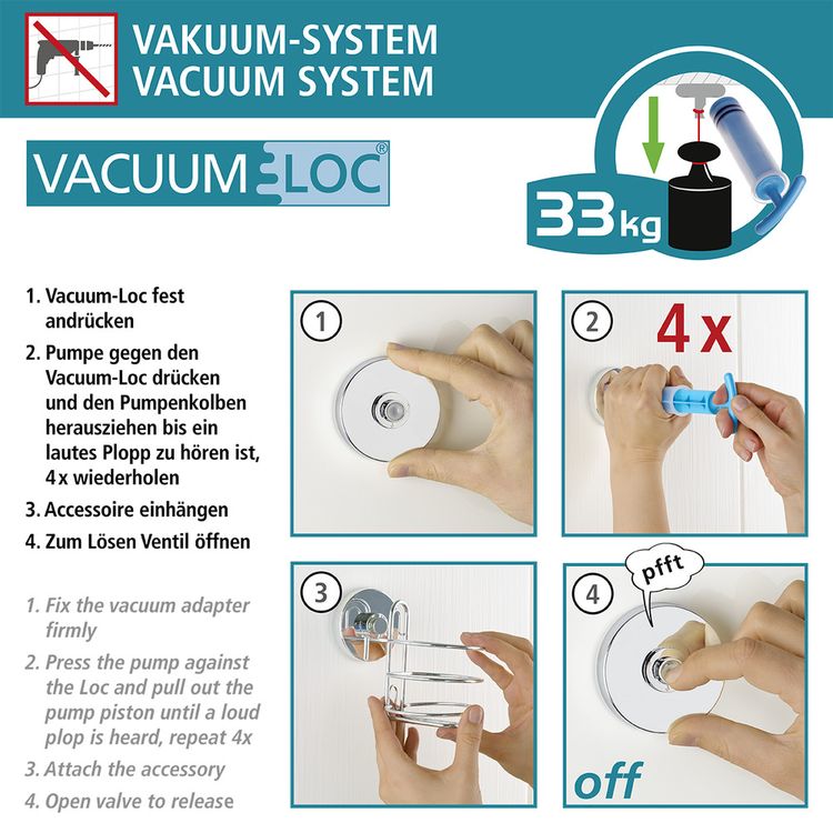 Vacuum-Loc® Wandregal 2 Etagen Mod. Bari Schwarz, Befestigen ohne bohren