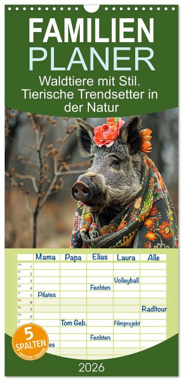 Produktbild: Familienplaner 2026 - Waldtiere mit Stil. Tierische Trendsetter in der Natur mit 5 Spalten (Wandkalender, 21 x 45 cm) CALVENDO