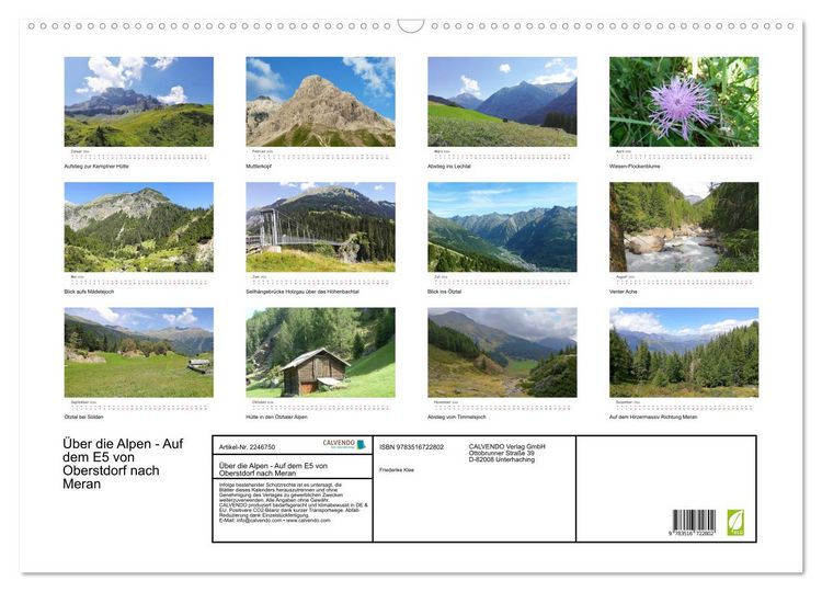Produktbild: &Uuml;ber die Alpen - Auf dem E5 von Oberstdorf nach Meran (Wandkalender 2026 DIN A2 quer), CALVENDO Monatskalender