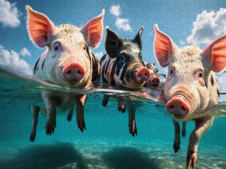 Produktbild: CALVENDO Puzzle Schwimmschweine vergn&uuml;gen sich in den Wellen | 1000 Teile Lege-Gr&ouml;&szlig;e 64x48cm Foto-Puzzle f&uuml;r gl&uuml;ckliche Stunden