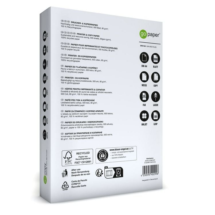 Produktbild: Kopierpapier go copy envi 80g 100% Recycling wei&szlig; DIN A4 500 Blatt
