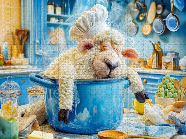 Produktbild: CALVENDO Puzzle Schaf mit Kochm&uuml;tze schl&auml;ft im Kochtopf | 2000 Teile Lege-Gr&ouml;&szlig;e 90x67cm Foto-Puzzle f&uuml;r gl&uuml;ckliche Stunden