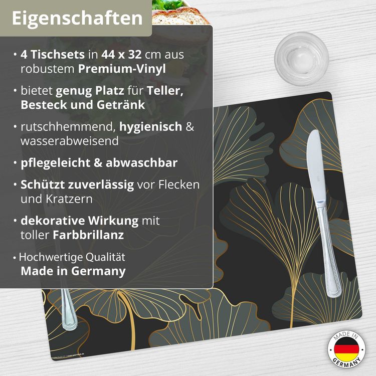 Produktbild: Tischsetmacher Tischsets Blattwerk Ginkgo in gold und gr&uuml;n, aus hochwertigem Vinyl (4 St&uuml;ck), 44 x 32 cm