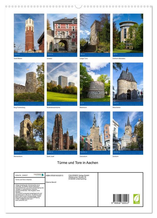 Produktbild: T&uuml;rme und Tore in Aachen (hochwertiger Premium Wandkalender 2026 DIN A2 hoch), Kunstdruck in Hochglanz