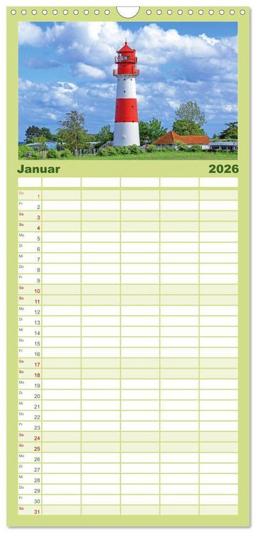 Produktbild: Familienplaner 2026 - Leuchtt&uuml;rme: Die Sch&ouml;nsten an Nord- und Ostsee mit 5 Spalten (Wandkalender, 21 x 45 cm) CALVENDO