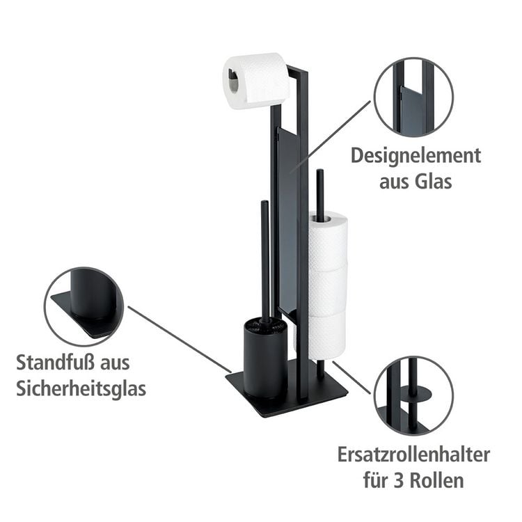 Produktbild: Stand WC-Garnitur Mod. Rivalta Schwarz matt, integrierter Toilettenpapierhalter und WC-B&uuml;rstenhalter