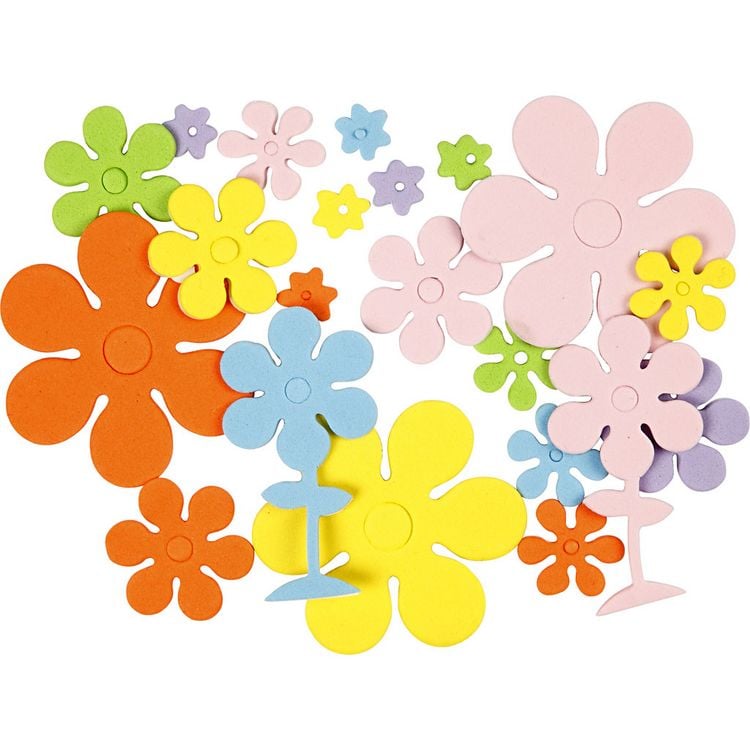 Produktbild: Creativ Company Moosgummi-Blumen, Gr&ouml;&szlig;e 10-60 mm, Dicke 2 mm, Sortierte Farben, 100 sortiert