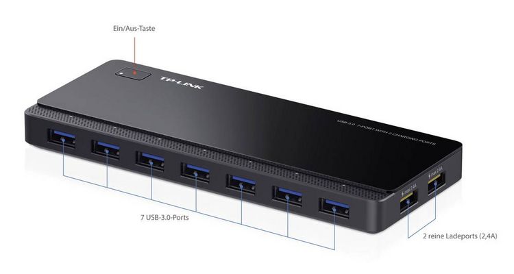 Produktbild: TP-LINK UH720 USB-Hub 7+2 Port USB-A USB 3.0 5 GBit/s mit Schnellladeport Schwarz UH720