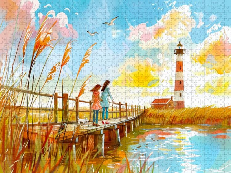 Produktbild: CALVENDO Puzzle Spaziergang mit Mutter und Kind zum Leuchtturm | 1000 Teile Lege-Gr&ouml;&szlig;e 64x48cm Foto-Puzzle f&uuml;r gl&uuml;ckliche Stunden