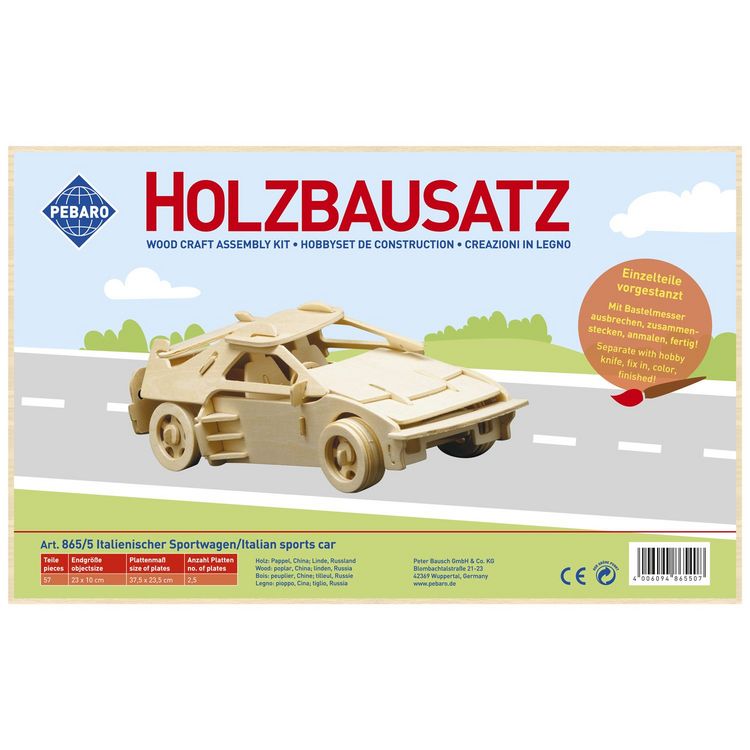 Produktbild: PEBARO 865/5 - Holzbausatz Italienischer Sportwagen, 67 Teile, Holzkonstruktion zum Zusammenstecken