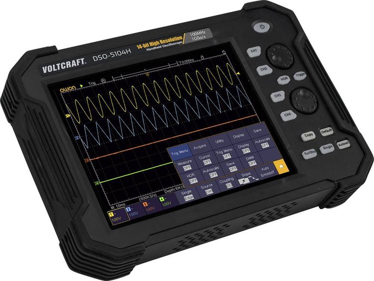 Produktbild: VOLTCRAFT DSO-5104H Hand-Oszilloskop 100 MHz 4-Kanal 1 GSa/s 40 Mpts 14 Bit Digital-Speicher (DSO), Handger&auml;t 1 St.