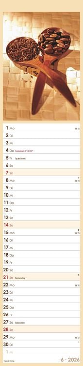 Produktbild: Küchenplaner Kaffee 2026 - Streifen-Kalender 11,3x49x5 cm - Kaffeekalender - mit leckeren Rezepten - Wandplaner - Küchenkalender - Alpha Edition