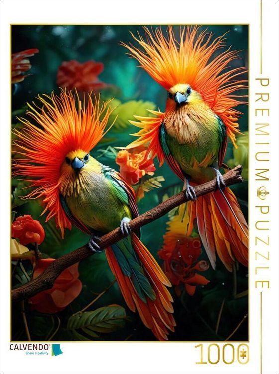Produktbild: CALVENDO Puzzle Zwei Paradiesv&ouml;gel mit bunten leuchtenden Gefieder sitzen zwischen zarten Blumen | 1000 Teile Lege-Gr&ouml;&szlig;e 64x48cm Foto-Puzzle f&uuml;r gl&uuml;ckliche Stunden