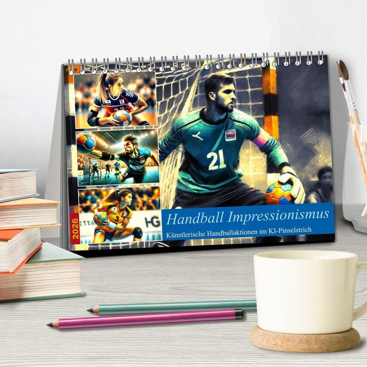 Produktbild: Handball Impressionismus, K&uuml;nstlerische Handballaktionen im KI-Pinselstrich (Tischkalender 2026 DIN A5 quer), CALVENDO Monatskalender