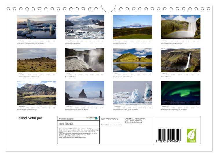 Produktbild: Island Natur pur (Wandkalender 2026 DIN A4 quer), CALVENDO Monatskalender