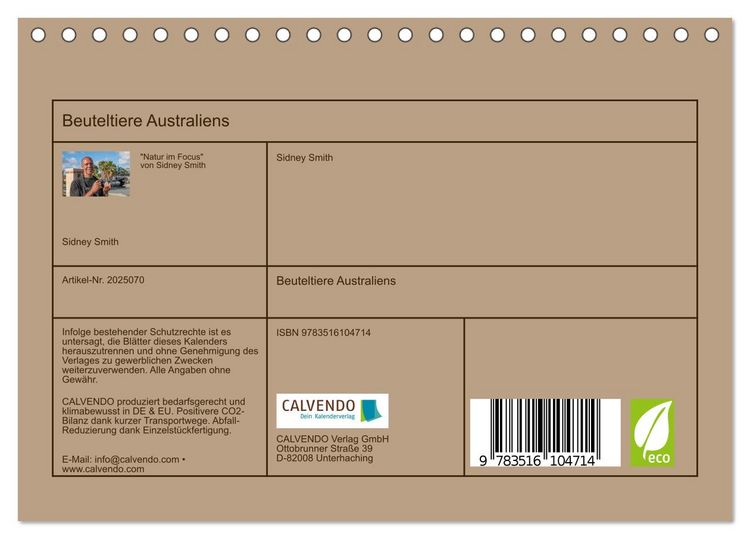 Produktbild: Beuteltiere Australiens (Tischkalender 2026 DIN A5 quer), CALVENDO Monatskalender