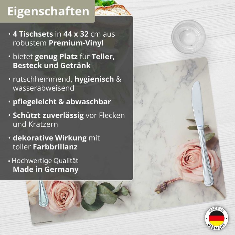 Produktbild: Tischsetmacher Tischsets Rosen auf Marmor, aus hochwertigem Vinyl (4 St&uuml;ck), 44 x 32 cm