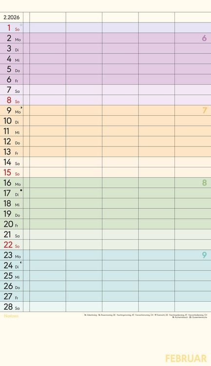 Produktbild: Superplaner Farbenfroh 2026 - 5 Spalten - Familienkalender 26x45 cm - Offset-Papier - mit Ferienterminen - Wandkalender - Wandplaner