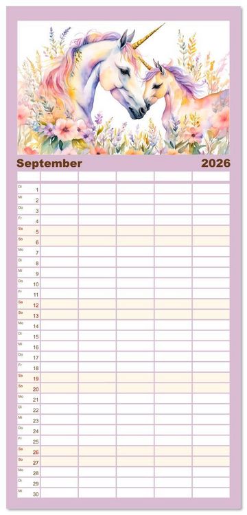 Produktbild: Familienplaner 2026 - Magische Einh&ouml;rner - Traumlandschaften unterm Regenbogen mit 5 Spalten (Wandkalender, 21 x 45 cm) CALVENDO