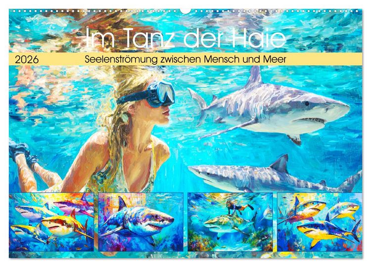 Produktbild: Im Tanz der Haie. Seelenstr&ouml;mung zwischen Mensch und Meer (Wandkalender 2026 DIN A2 quer), CALVENDO Monatskalender