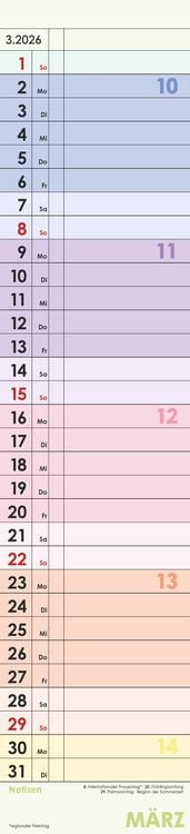 Produktbild: Planer Farbenfroh 2026 - Streifen-Kalender 11,3x49x5 cm - Küchenkalender - Wandplaner - Alpha Edition