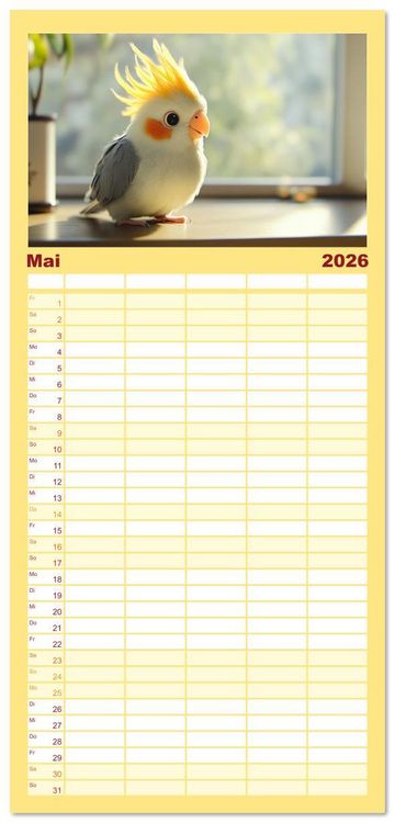 Produktbild: Familienplaner 2026 - Klein, laut, lustig - Nymphensittiche mit 5 Spalten (Wandkalender, 21 x 45 cm) CALVENDO