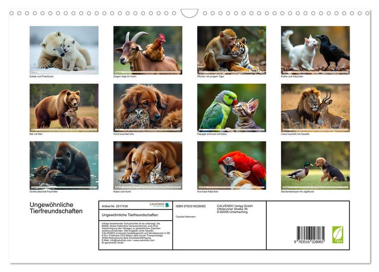 Produktbild: Ungew&ouml;hnliche Tierfreundschaften (Wandkalender 2026 DIN A3 quer), CALVENDO Monatskalender