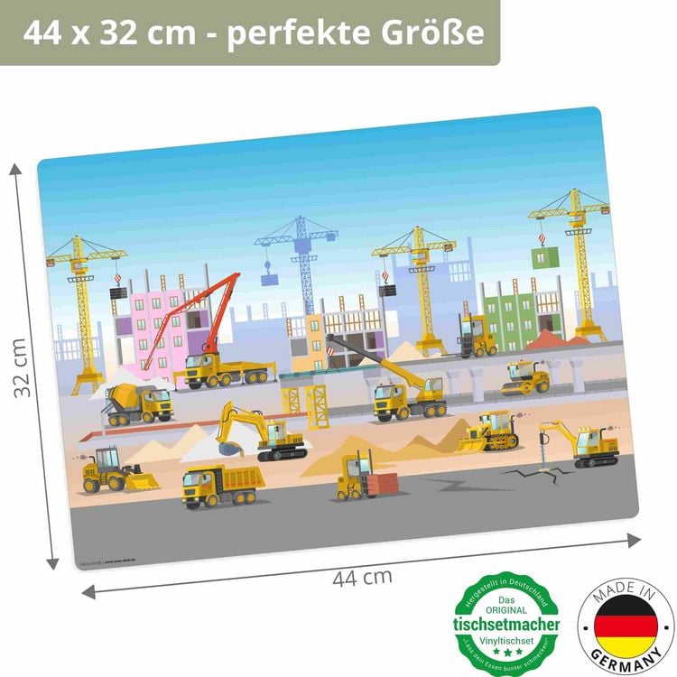 Produktbild: Tischsetmacher Tischset f&uuml;r Kinder Baustelle mit vielen Fahrzeugen Bagger und Kran, aus hochwertigem Vinyl , 44 x 32 cm