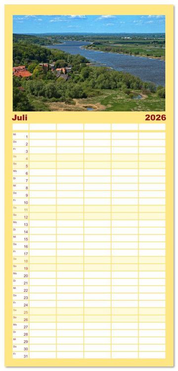 Produktbild: Familienplaner 2026 - Flusslandschaft Elbe mit 5 Spalten (Wandkalender, 21 x 45 cm) CALVENDO