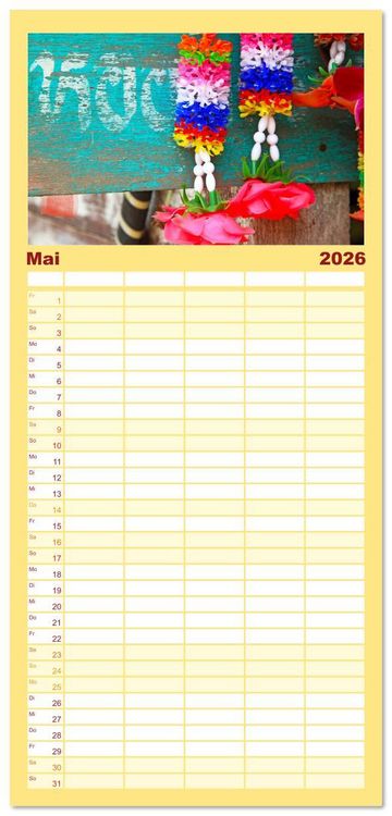 Produktbild: Familienplaner 2026 - Asien - Farbenfrohe Blumenketten mit 5 Spalten (Wandkalender, 21 x 45 cm) CALVENDO
