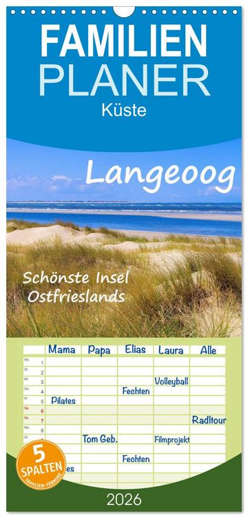 Produktbild: Familienplaner 2026 - Langeoog - Sch&ouml;nste Insel Ostfrieslands mit 5 Spalten (Wandkalender, 21 x 45 cm) CALVENDO