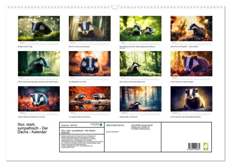 Produktbild: Stur, stark, sympathisch - Der Dachs - Kalender (Wandkalender 2026 DIN A2 quer), CALVENDO Monatskalender