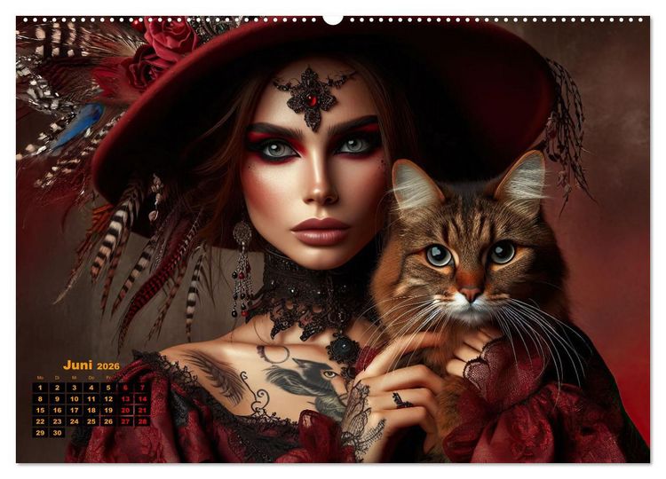 Produktbild: Luxuri&ouml;ser Bohemian Flair - Elegante Frauen mit anmutigen Katzen (hochwertiger Premium Wandkalender 2026 DIN A2 quer), Kunstdruck in Hochglanz
