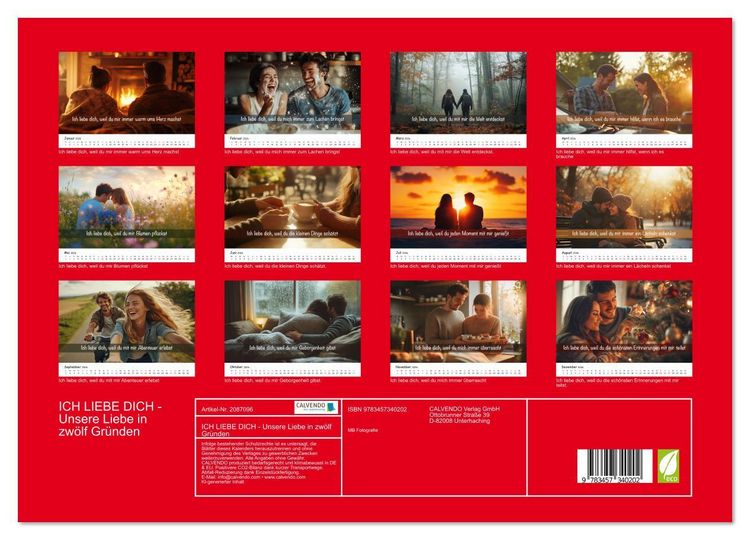 Produktbild: ICH LIEBE DICH - Unsere Liebe in zw&ouml;lf Gr&uuml;nden (hochwertiger Premium Wandkalender 2026 DIN A2 quer), Kunstdruck in Hochglanz