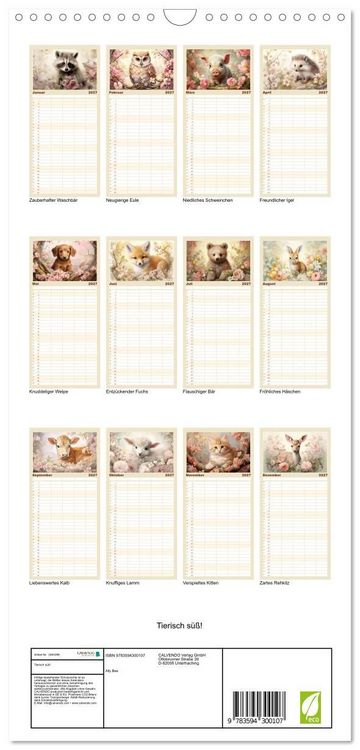 Produktbild: Familienplaner 2027 - Tierisch s&uuml;&szlig;! mit 5 Spalten (Wandkalender, 21 x 45 cm) CALVENDO