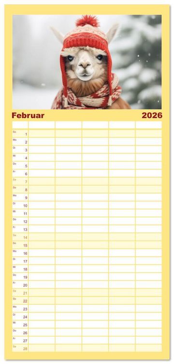 Produktbild: Familienplaner 2026 - Die Welt der Alpakas mit 5 Spalten (Wandkalender, 21 x 45 cm) CALVENDO